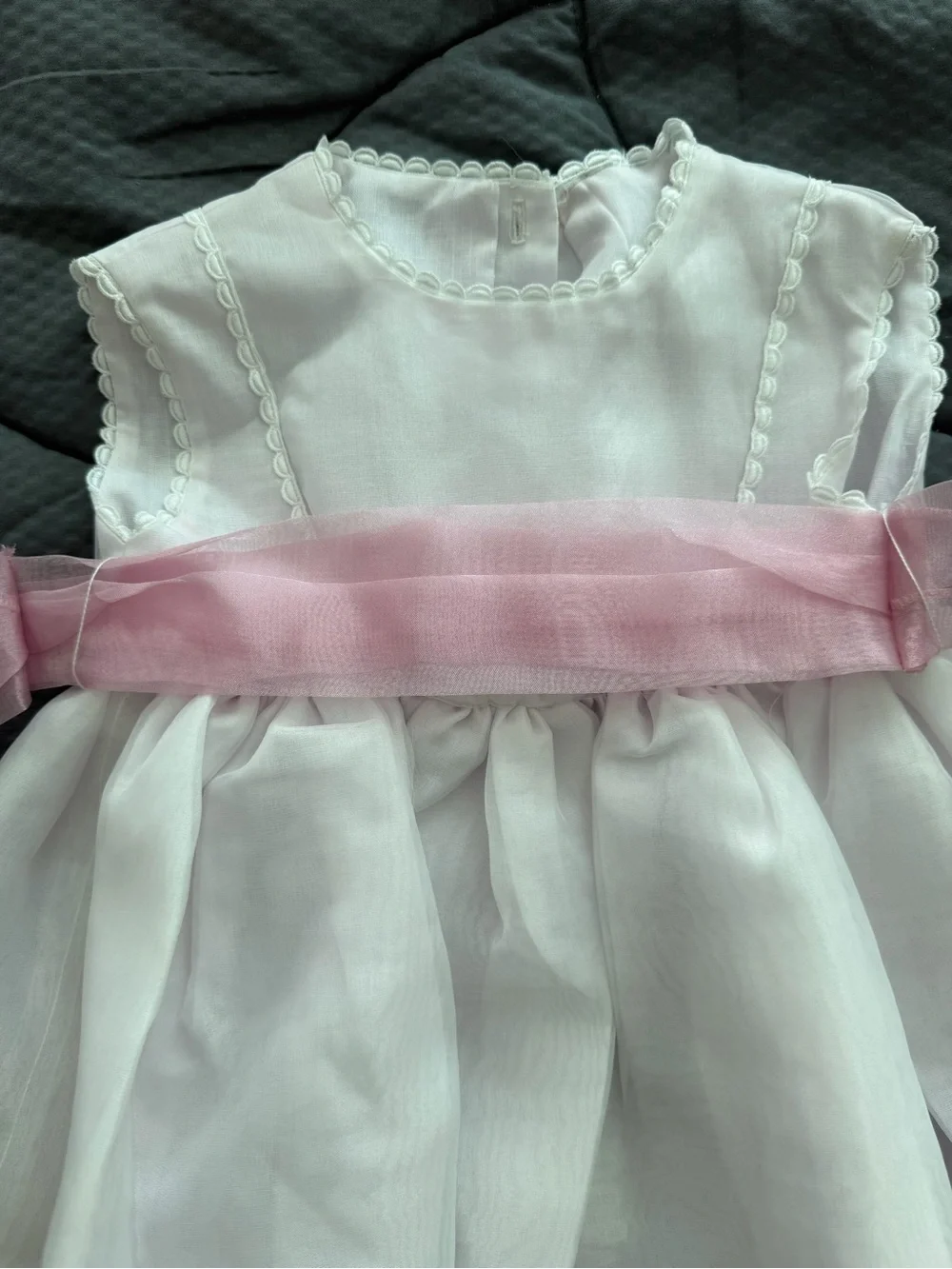 White & Pink Baby girl Dress with Pink Sash and Headpiece - handmade - NEW
